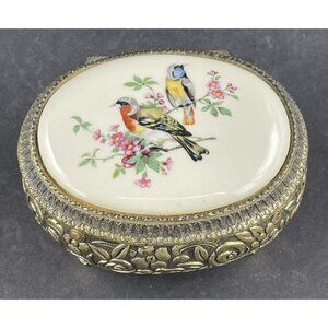 Vintage Ornate Trinket Box Japan Hinged Lid Birds Floral Metal Ceramic Footed